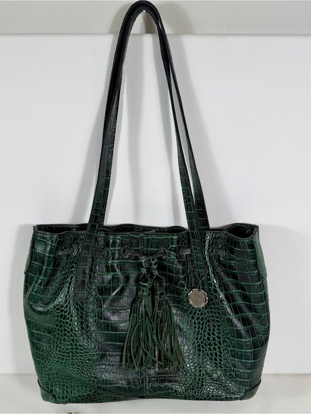 Patricia Nash Leather Drawstring Witney Tote Green Croc Embossed 10th Anniv